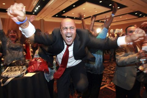 Ajay Narayan cheered in Las Vegas, Nevada, as the election was called for President Obama.