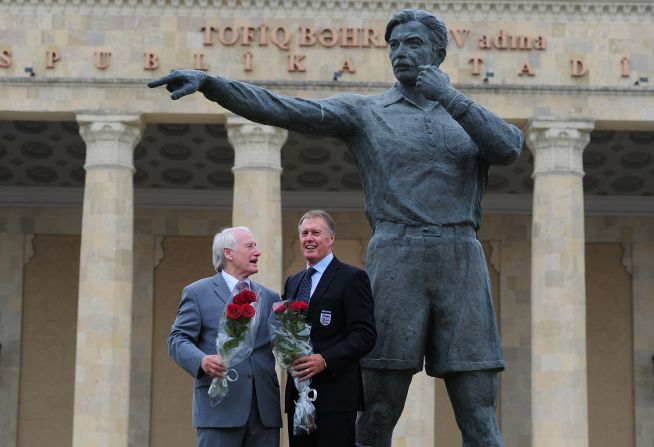 Baku in Azerbaijan is also on UEFA's Euro 2020 list. Here former West Germany goalkeeper Hans Tilkowski (left) and ex-England striker Geoff Hurst stand next to the statue of Tofig Bahramov at Baku's national stadium -- named after the 1966 World Cup final linesman -- during a visit to mark 100 years of Football in June 2011.