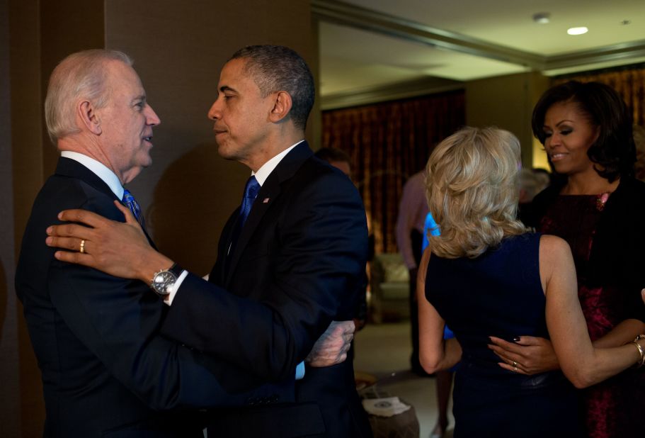 President Barack Obama and First Lady Michelle Obama embraced Vice President Joe Biden and Dr. Jill Biden moments after the election was called in their favor.
