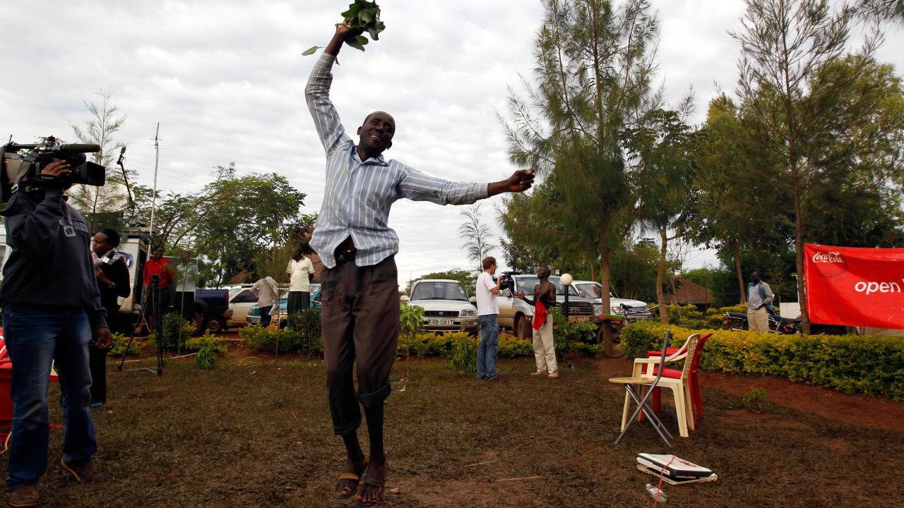 A man jumps for joy as he celebrates President Obama's re-election in the president's ancestral village of Nyangoma Kogelo, Kenya.