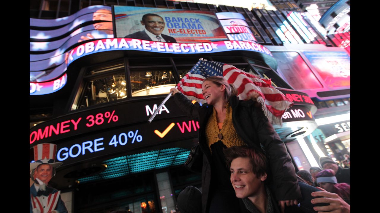 People gathered in Times Square in New York City and celebrated four more years in office for President Barack Obama. 