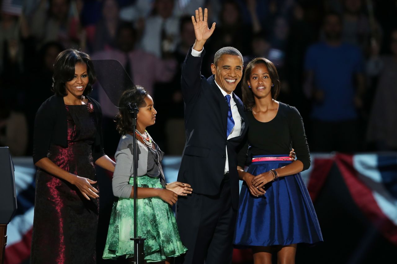 Victorious, President Barack Obama was joined onstage by first lady Michelle Obama and daughters Sasha and Malia.