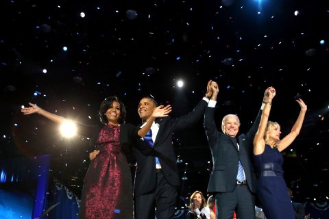 President Barack Obama, first lady Michelle Obama, Vice President Joe Biden and Dr. Jill Biden look ahead to a second term and vowed to fight for equal opportunity for all.