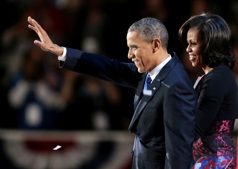 With first lady Michell Obama at his side, President Barack Obama gave the crowd a wave at an election night celebration in Chicago. 