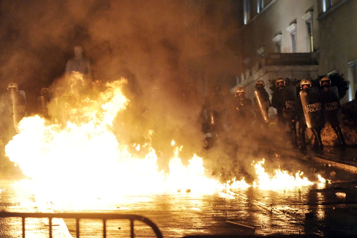 Petrol bombs exploded during a demonstration in Athens on November 7, 2012. 