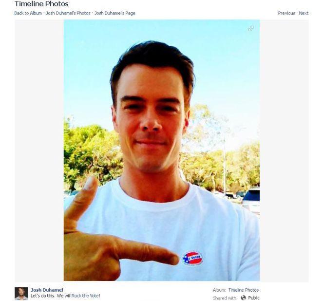 Josh Duhamel opted to keep quiet on Twitter about who he was voting for the night before the election, but he did proudly show off proof that he voted on November 6. 