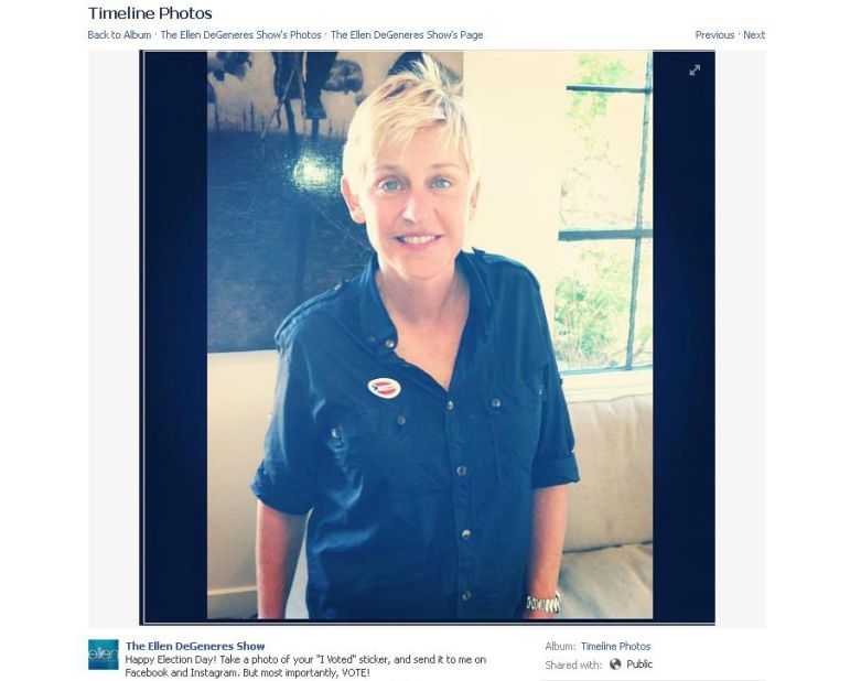 Ellen DeGeneres wished viewers of her daytime talk show a "Happy Election Day" on Facebook November 6, encouraging them to vote. 