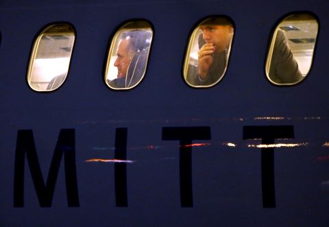 Republican presidential candidate Mitt Romney was photographed aboard his campaign plane Tuesday in Boston, Massachusetts.