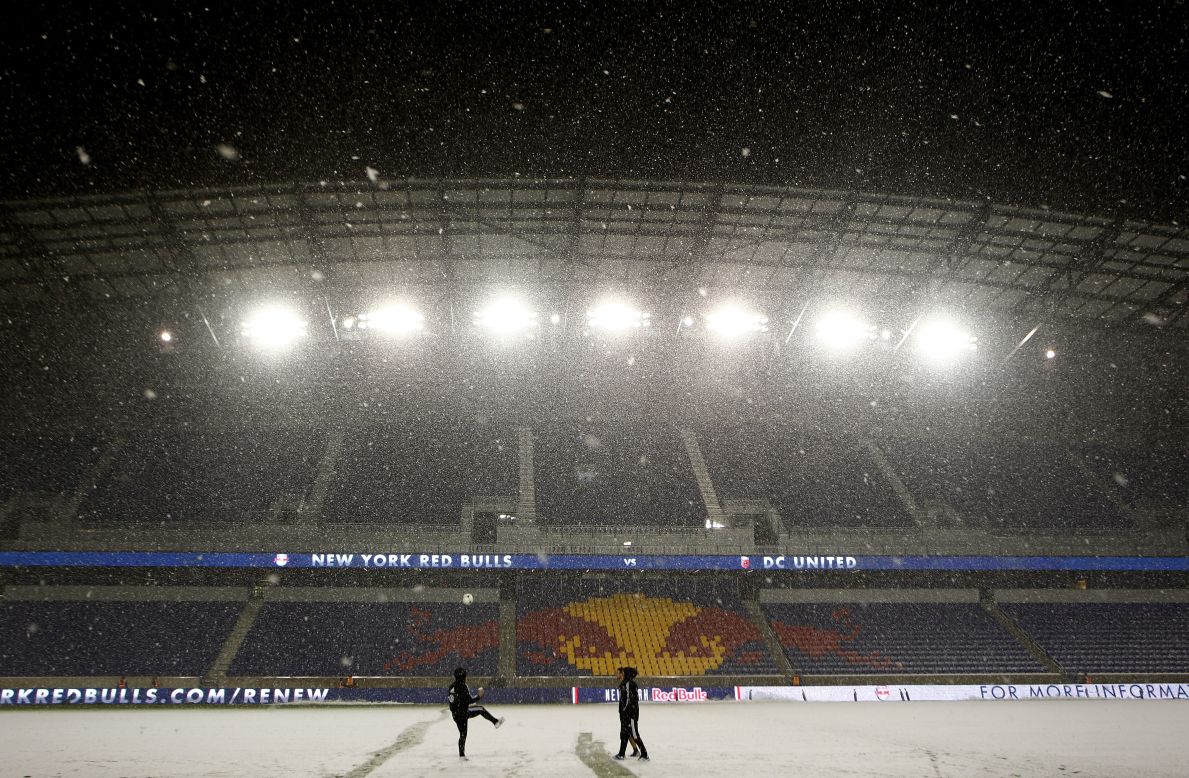  Heavy snow falls at Red Bull Arena in Harrison, New Jersey, before the Major League Soccer Eastern Conference semifinal match between  DC United and the New York Red Bulls on Wednesday. The playoff game was rescheduled due to Superstorm Sandy and is now scheduled to take place in the midst of a nor'easter.