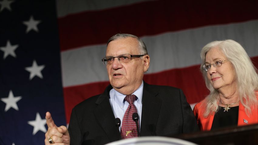 Image #: 20021267    Maricopa County Sheriff Joe Arpaio speaks next to his wife Ava Arpaio during the Republican Party election night event in Phoenix,  Arizona November 6, 2012. Arpaio defeated Democratic sheriff candidate Paul Penzone to win his sixth term. REUTERS/Joshua Lott (UNITED STATES - Tags: POLITICS USA PRESIDENTIAL ELECTION ELECTIONS)       REUTERS /JOSHUA LOTT /LANDOV