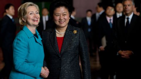 In a moment between two influential female leaders, Hilary Clinton and Liu Yandong shake hands in a meeting in May 2010.