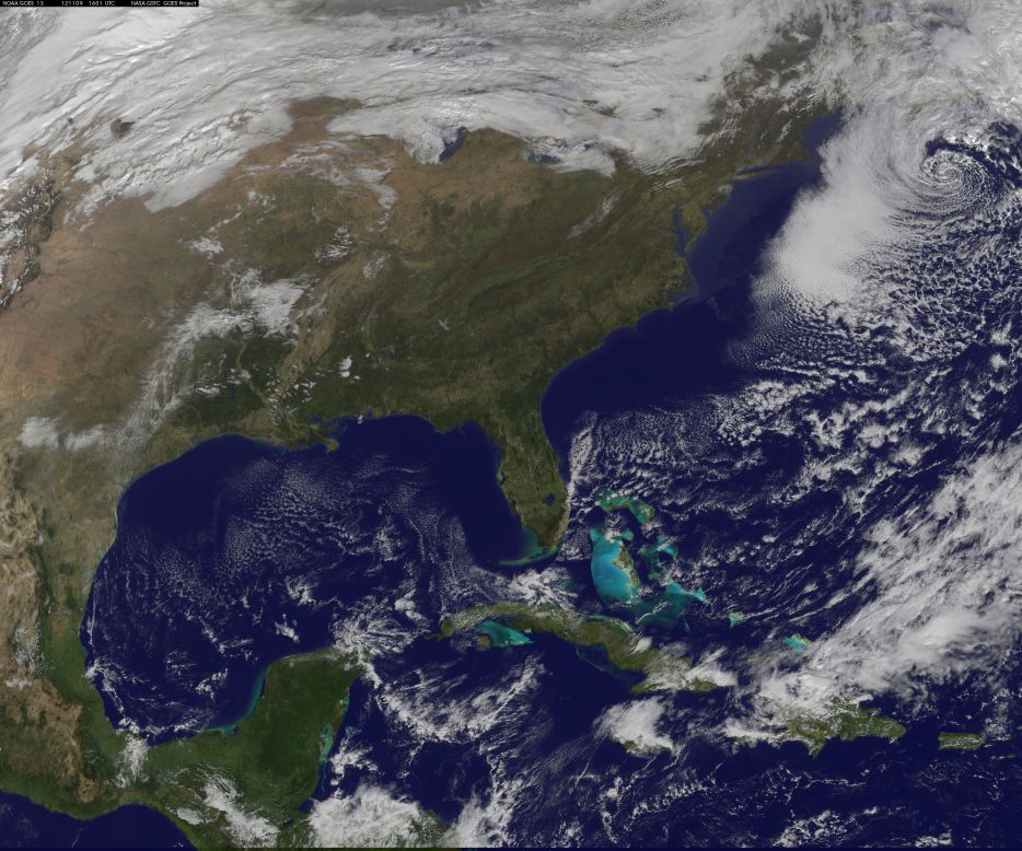 More than one week after Superstorm Sandy hit, the Northeast prepares for a nor'easter, a strong low pressure system with powerful northeasterly winds coming from the ocean ahead of a storm. This satellite image captured at 11:01 a.m. ET on Friday, November 9, shows the winter storm over the East Coast.<a href="http://edition.cnn.com/2012/10/30/us/gallery/sandy-damage/index.html"><strong> See photos of the aftermath of Superstorm Sandy.</strong></a>