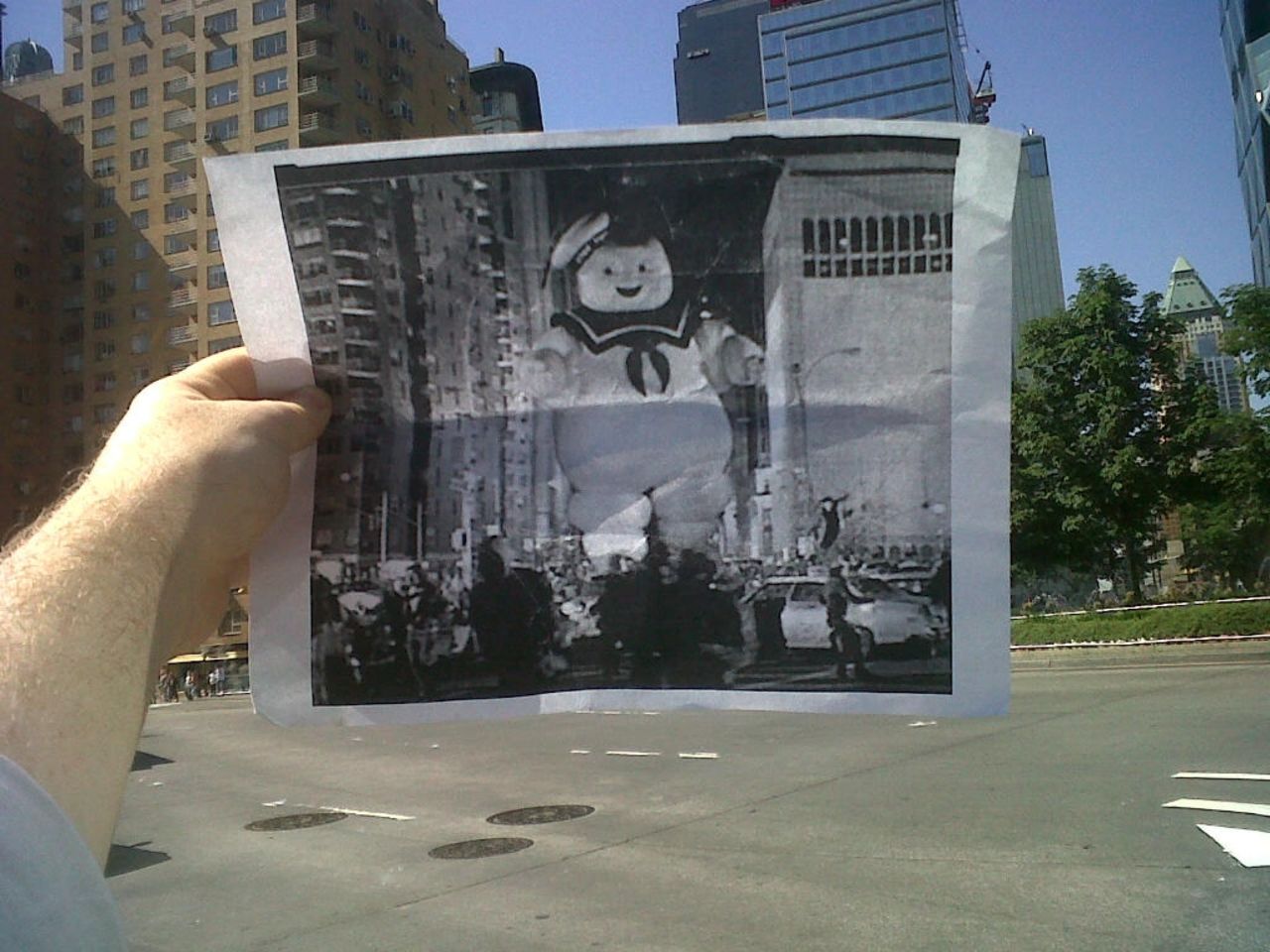 This summer, CNN writer Christopher Moloney (of "Erin Burnett OutFront")  noticed that he had the same commute to work as the Stay Puft Marshmallow Man. Inspired, he printed off a black and white screen grab of the scene from "Ghostbusters" and snapped a photo.  He posted it online, his friends and family loved it, and his blog FILMography was born.