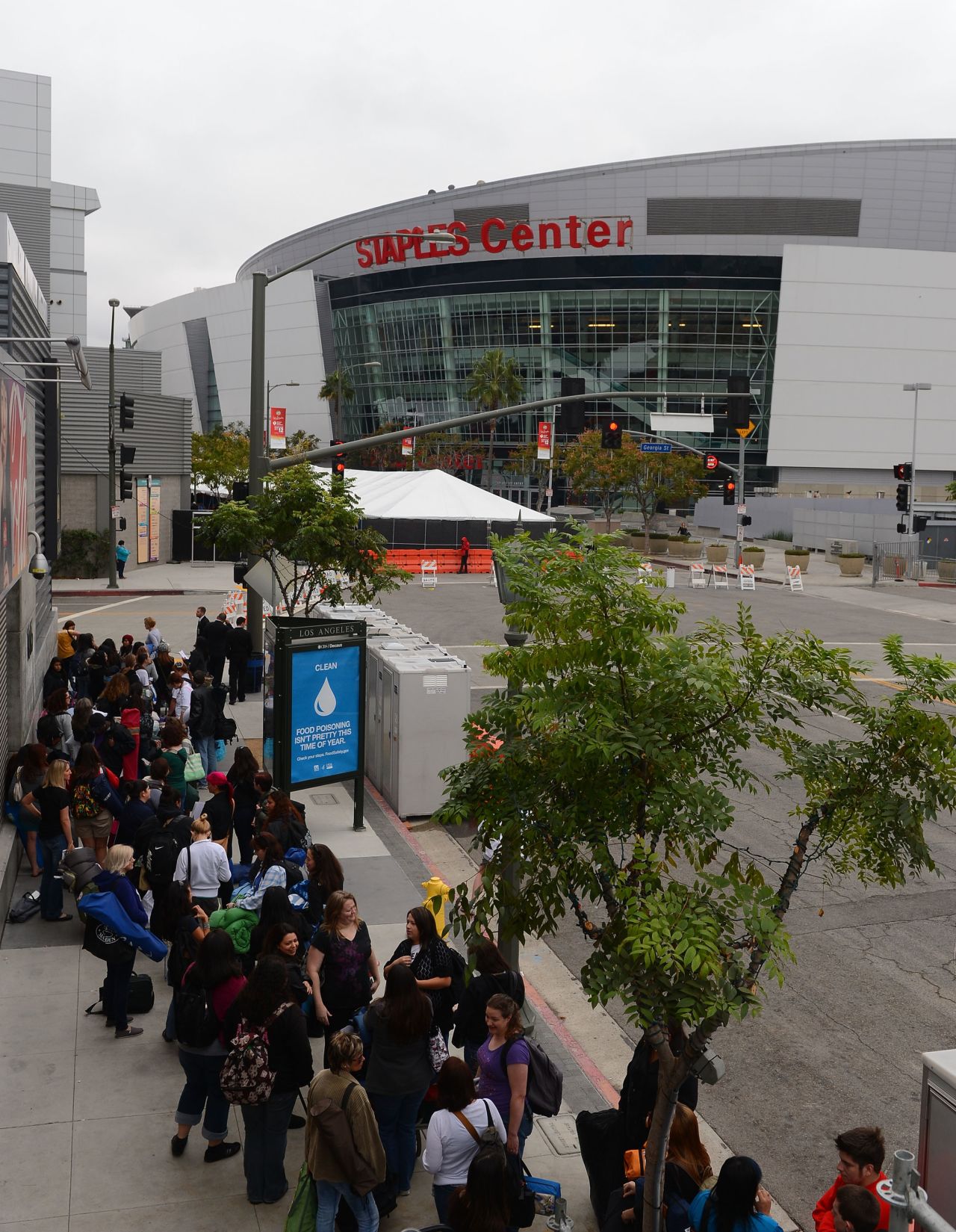 Crowds gather near the Staples Center to camp out for the premiere.