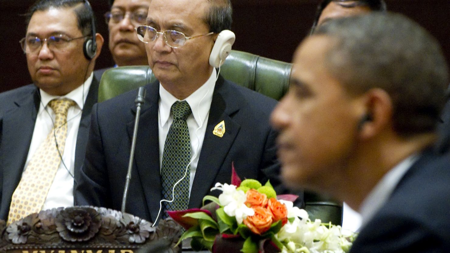 A file image shows U.S. President Barack Obama and Myanmar President Thein Sein at an ASEAN meeting in Bali, Nov. 2011.