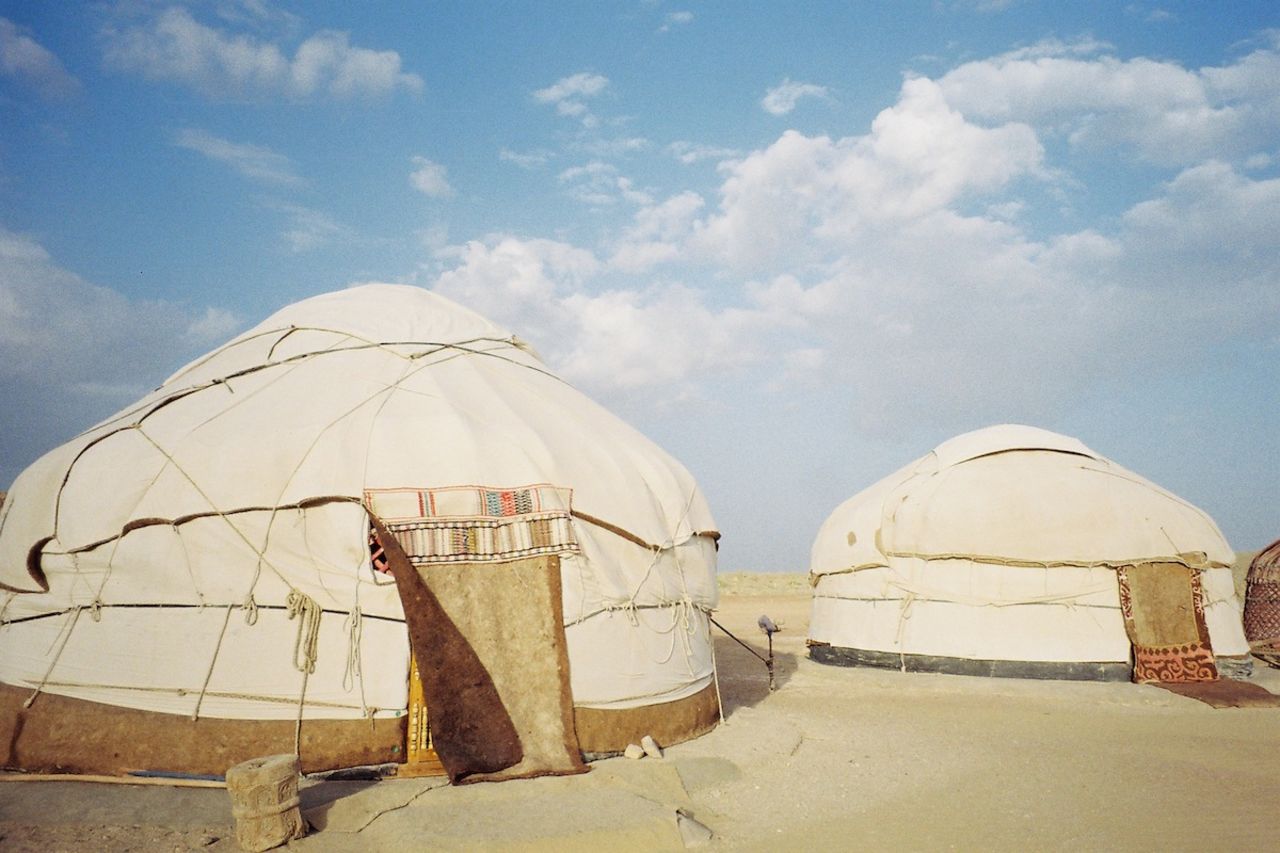 Yurts at the Ayaz-Qala camp in ancient Khorezm, about 100 kilometers from Khiva, Uzbekistan.