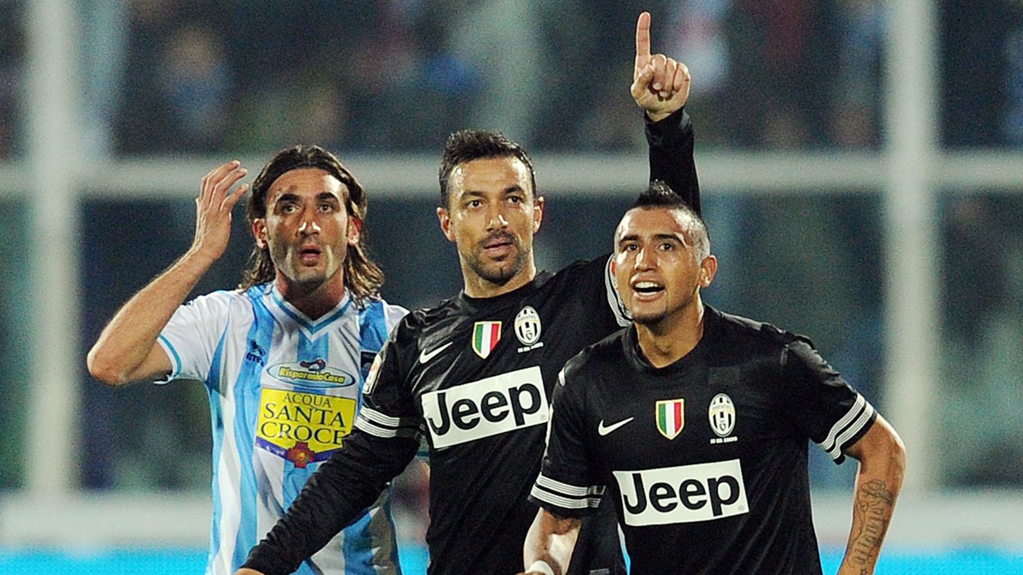 Fabio Quagliarella, center, celebrates after scoring Juventus' fifth goal in Saturday's 6-1 thrashing of Pescara.
