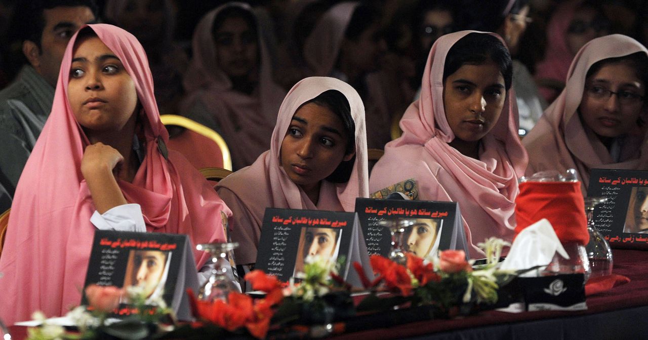 Pakistani students attend a Malala Day ceremony in Lahore on Saturday.