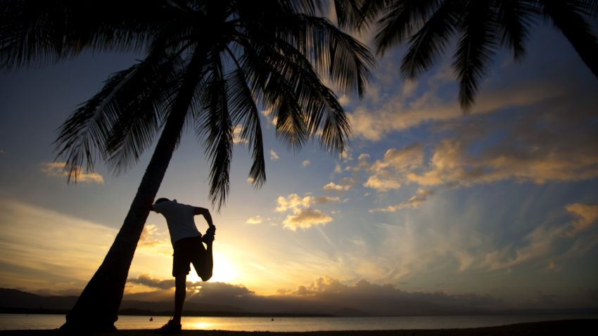 A runner stretches his legs whilst leaning against a palm tree in Queensland, Australia.
