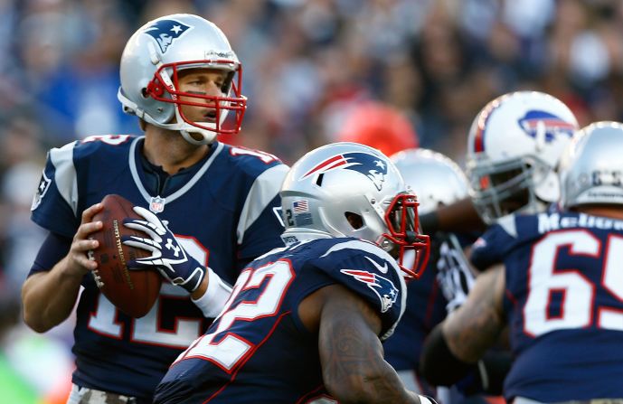 Tom Brady of the Patriots drops back to pass against the Buffalo Bills on Sunday.