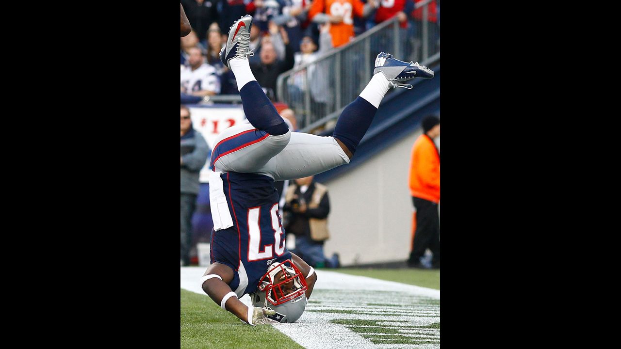 George Wilson of the New England Patriots lands on his head after defending on a pass in the end zone against the Buffalo Bills on Sunday at Gillette Stadium in Foxboro, Massachusetts.