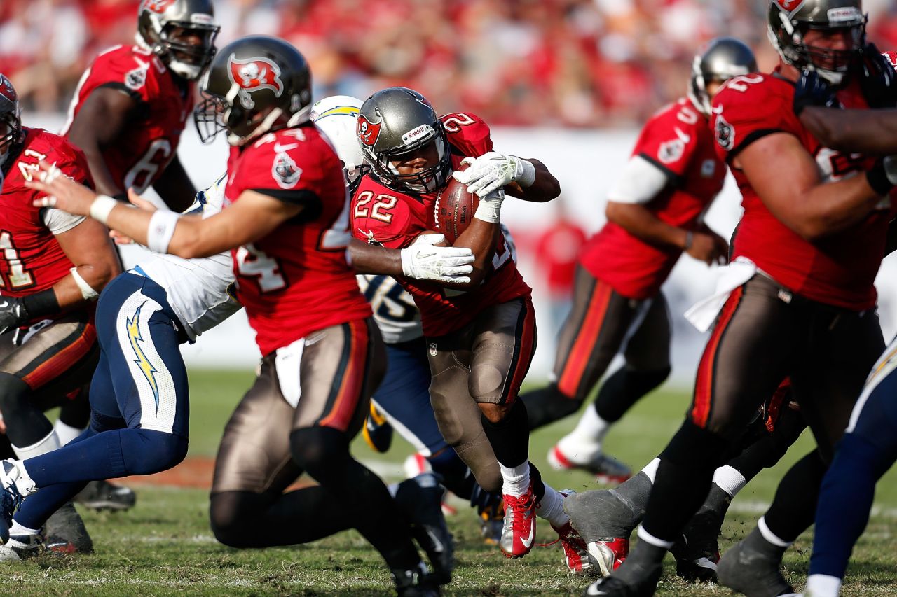 Running back Doug Martin of the Tampa Bay Buccaneers runs the ball against the San Diego Chargers at Raymond James Stadium on Sunday, November 11, in Tampa, Florida. Tampa Bay won 34-24.