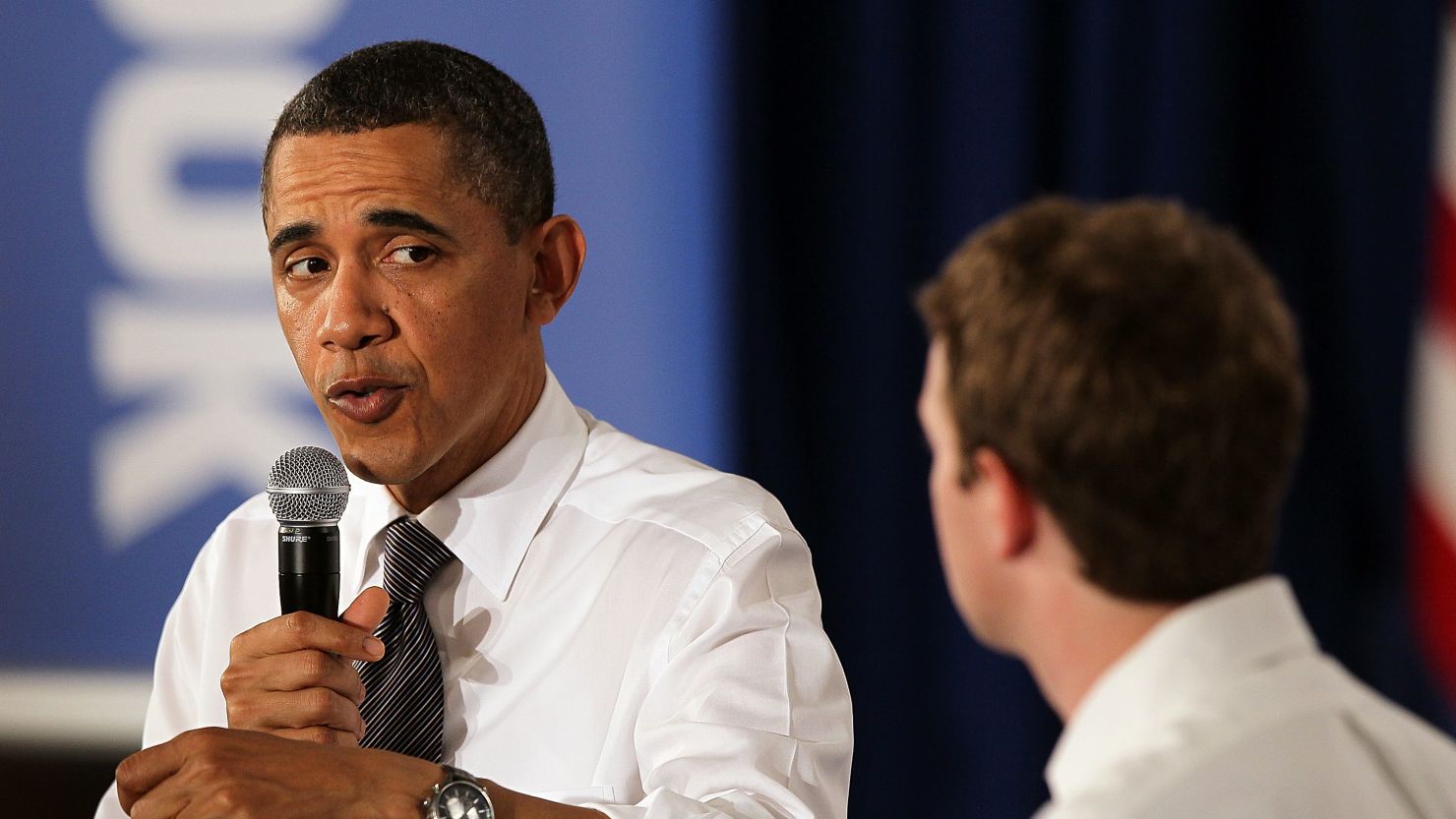 President Barack Obama talks with Facebook CEO Mark Zuckerberg during an event at Facebook headquarters in April 2011.
