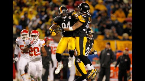 Lawrence Timmons, left, and Larry Foote of the Pittsburgh Steelers celebrate a play against the Kansas City Chiefs.