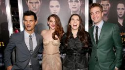 LOS ANGELES, CA - NOVEMBER 12: (L-R) Actors Taylor Lautner, Kristen Stewart, author Stephenie Meyer, and actor Robert Pattinson arrive at the premiere of Summit Entertainment's 'The Twilight Saga: Breaking Dawn - Part 2' at Nokia Theatre L.A. Live on November 12, 2012 in Los Angeles, California. 