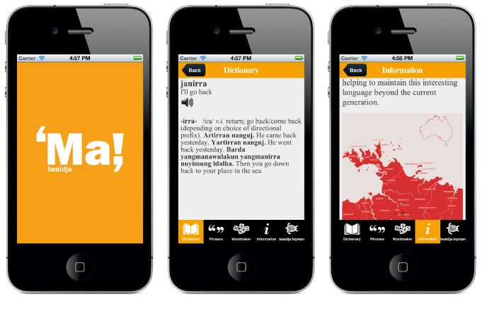 The app contains a 1,500 entry Iwaidja-English dictionary and a 450-entry phrase book that users can update. Its creators are working on a new Iwaidja Dictionary app which will focus on recording a range of information orally.