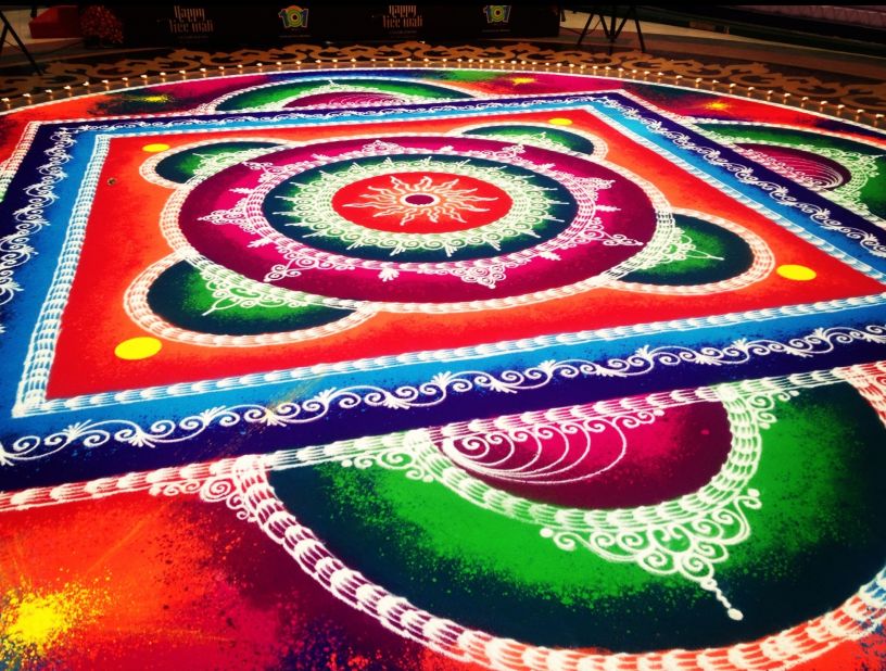 This photo from instagrammer <a href="http://statigr.am/viewer.php#/user/26948557/" target="_blank" target="_blank">Shaikh Rahil Ibrahim</a> shows a large colorful rangoli in a shopping mall in Mumbai, India. Rangoli artworks are a common site outside Indian homes and in public spaces throughout Diwali.  