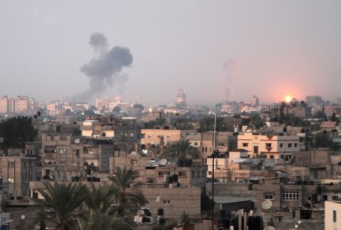 Smoke rises following an Israeli airstrike Wednesday, November 14, in Khan Younis, Gaza.