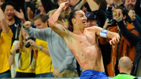 Zlatan Ibrahimovic celebrates after scoring his fourth goal in Sweden's 4-2 friendly victory over England.