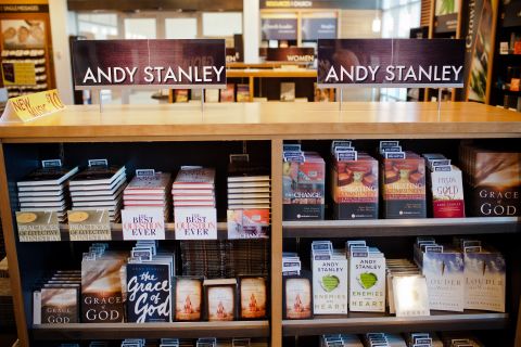 Andy Stanley's books fill the shelves at North Point Community Church's bookstore. Stanley's books, which often center on self-help and leadership themes, are so popular that even some non-Christians purchase them for tips on leading organizations.