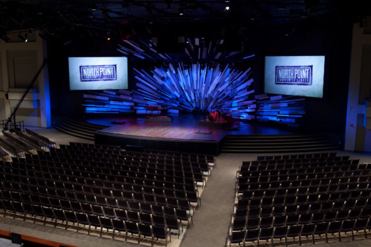 Chairs replace pews and bands replace choirs and organs at North Point Community Church.