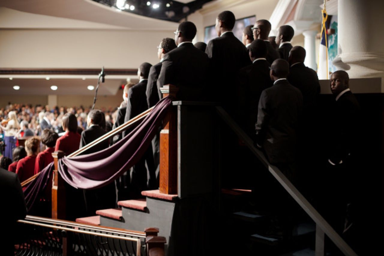 A choir performs during a service for the Rev. Charles Stanley at First Baptist Church Atlanta.