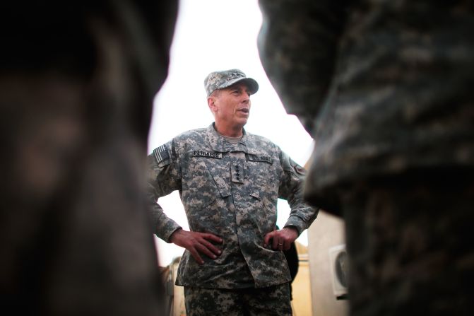 Petraeus announced October 6 that he was diagnosed in February with early stage prostate cancer and underwent two months of radiation treatment. Pictured, the commander of U.S. Central Command meets young officers in October 2009 at Forward Operating Base Wilson in Kandahar Province, Afghanistan.  Petraeus had been touring bases to meet with base commanders.  