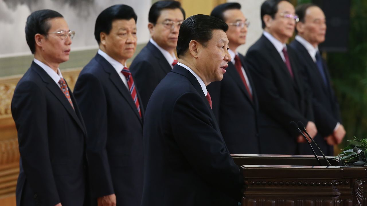 BEIJING, CHINA - NOVEMBER 15: Chinese Vice President Xi Jinping (Front), one of the members of new seven-seat Politburo Standing Committee, delivers a speech as (L-R) Zhang Gaoli, Liu Yunshan, Zhang Dejiang, Li Keqiang, Yu Zhengsheng and Wang Qishan standing at the Great Hall of the People on November 15, 2012 in Beijing, China. China's ruling Communist Party today revealed the new Politburo Standing Committee after its 18th congress. (Photo by Feng Li/Getty Images) 