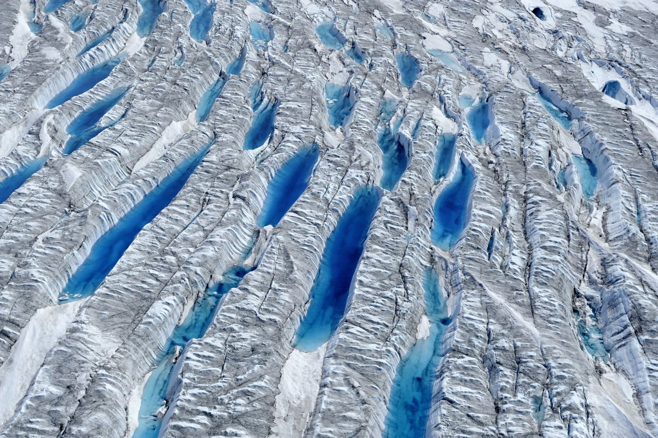 Aerial view of meltwater on Greenland Ice Sheet, June 2010. <em>Courtesy of James Balog</em>