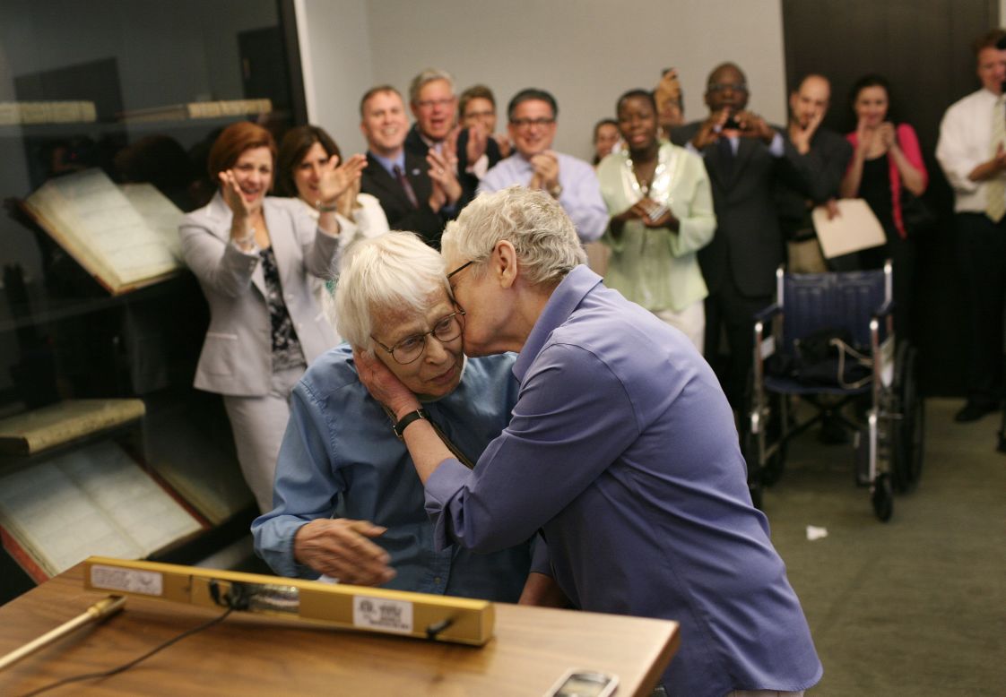 Phyllis Siegel, right, kisses her wife, Connie Kopelov, after exchanging vows at the Manhattan City Clerk's office on July 24, 2011, the first day New York's Marriage Equality Act went into effect.