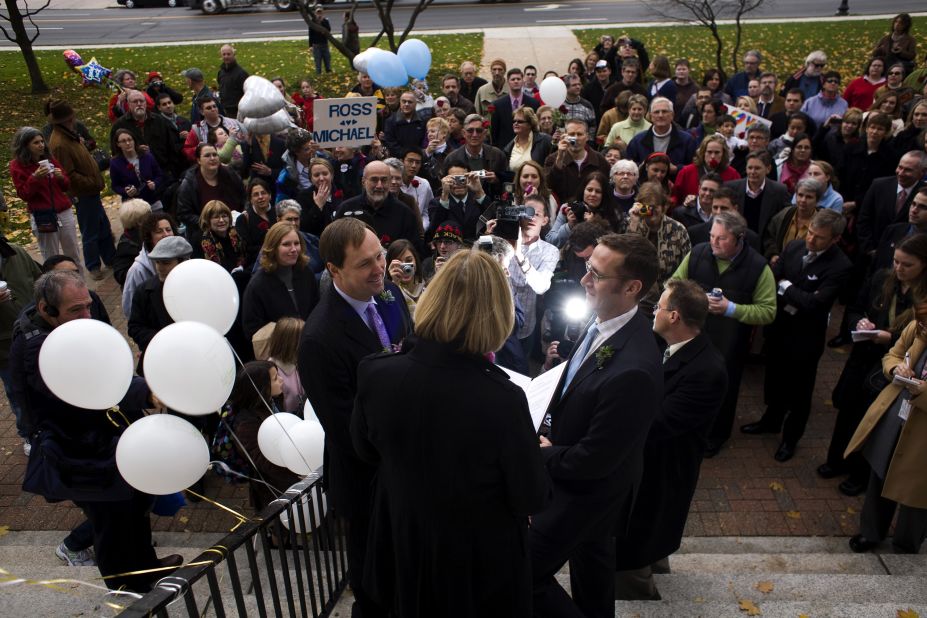 Michael Miller, left, and Ross Zachs marry on the West Hartford Town Hall steps after same-sex marriage became legal in Connecticut on November 12, 2008.