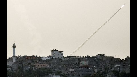 A rocket fired from Gaza toward Israel sails into the air Friday, November 16.