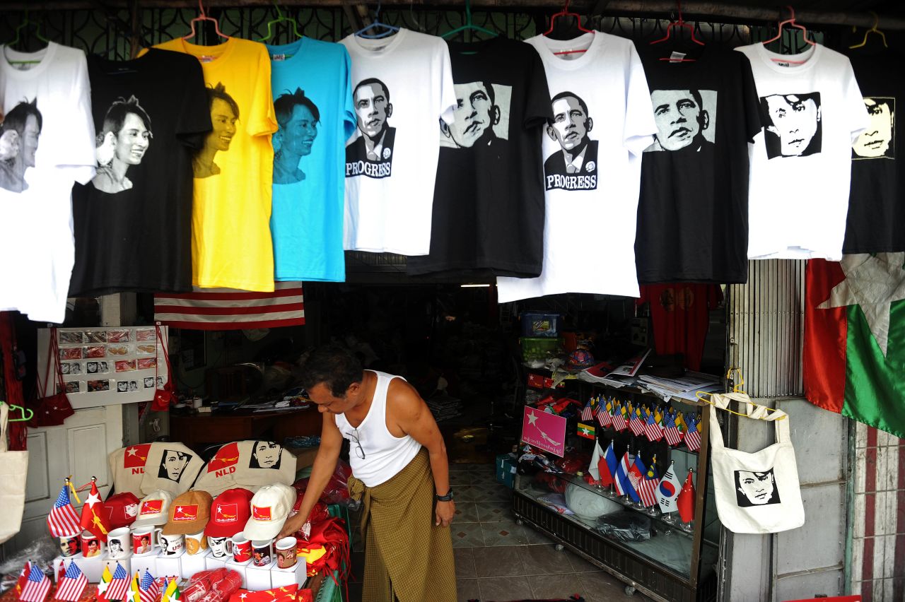 T-shirts printed with pictures of US President Barack Obama and Myanmar opposition leader Aung San Suu Kyi at a shop in downtown Yangon on Saturday