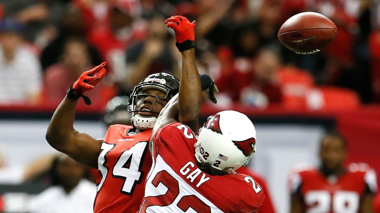 William Gay of the Arizona Cardinals breaks up a reception intended for wide receiver Roddy White of the Atlanta Falcons that resulted in an interception at Georgia Dome on Sunday in Atlanta.