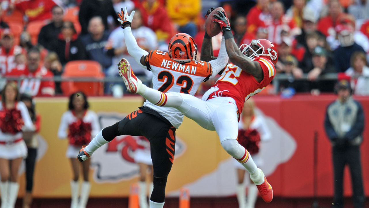 Defensive back Terence Newman of the Cincinnati Bengals breaks up a pass intended for wide receiver Dwayne Bowe of the Kansas City Chiefs during the first half on Sunday at Arrowhead Stadium in Kansas City, Missouri.