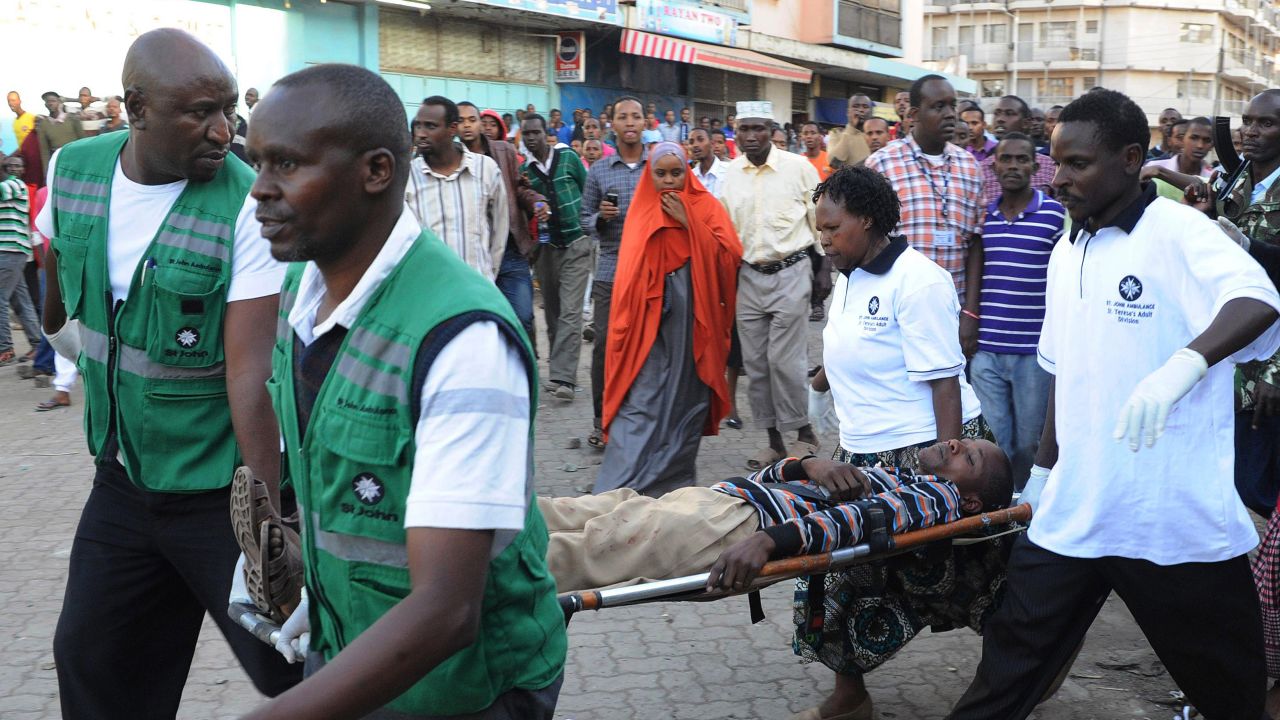 A casualty of a suspected bomb attack is carried away by medics from the scene of the attack in Nairobi on Sunday.