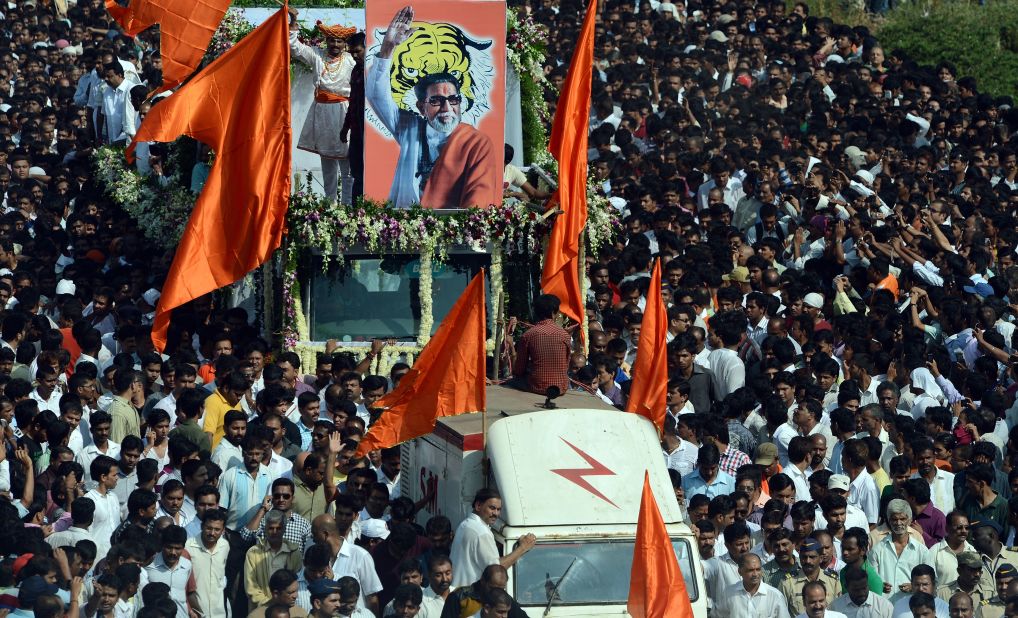 The cortege of Bal Thackeray makes its way through a sea of supporters during the funeral procession.  
