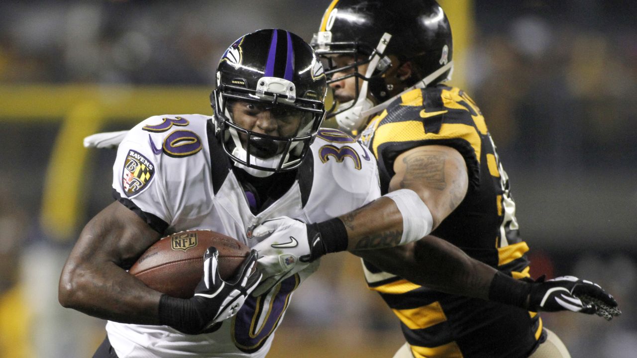 Bernard Pierce of the Baltimore Ravens carries the ball against the Pittsburgh Steelers on Sunday, November 18, at Heinz Field in Pittsburgh.