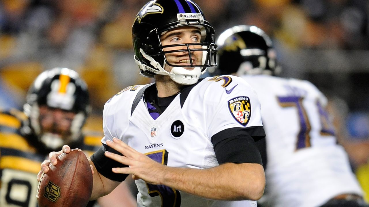 Quarterback Joe Flacco of the Baltimore Ravens looks to pass during the second quarter against the Pittsburgh Steelers.