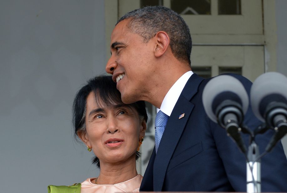 U.S. President Barack Obama hugs Myanmar opposition leader Aung San Suu Kyi  after making a speech at her residence in Yangon on Monday, November 19. Obama met the democracy icon  during a historic visit to Yangon aimed at encouraging political reforms in the former pariah state.